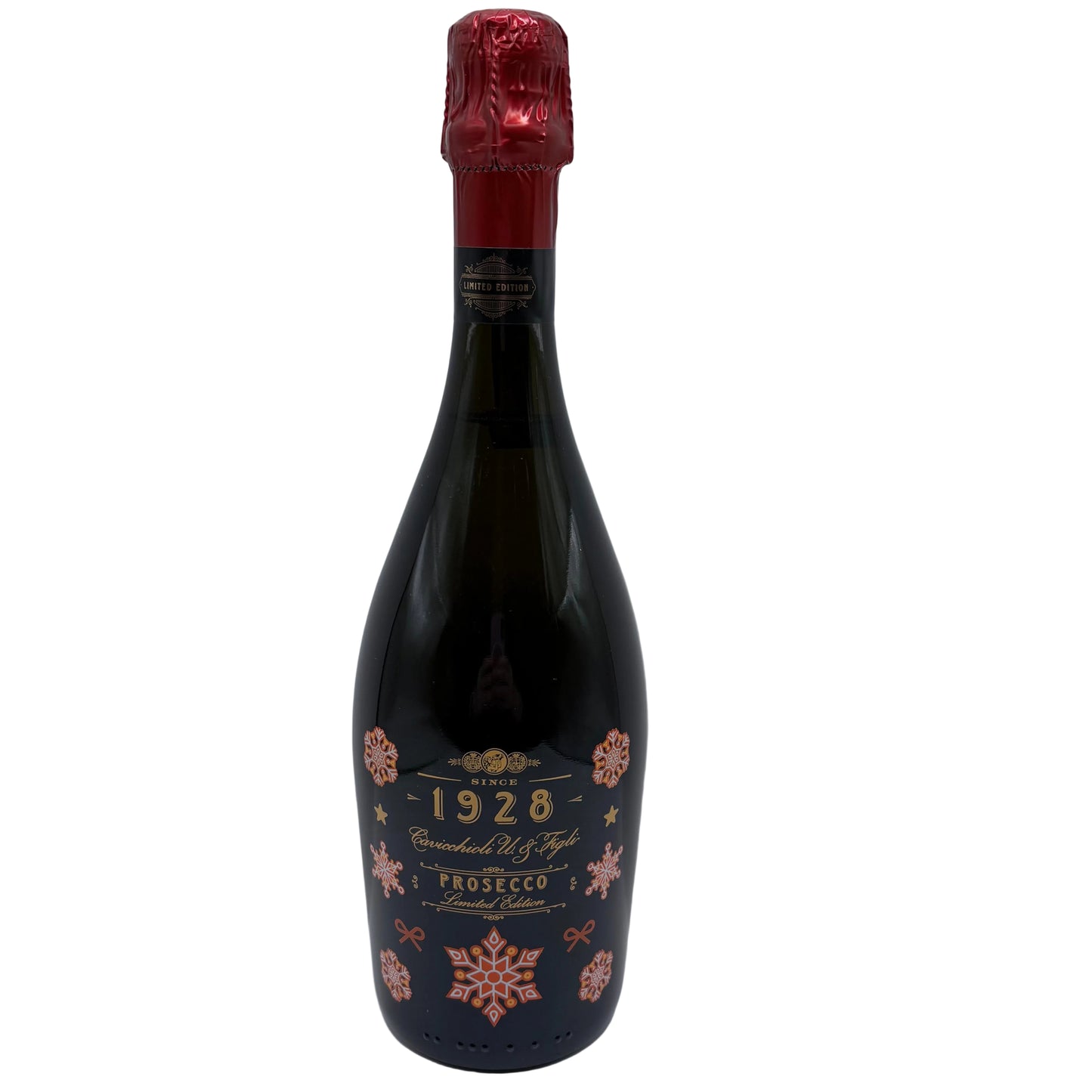 Bottle of Prosecco with a decorative label on a white background